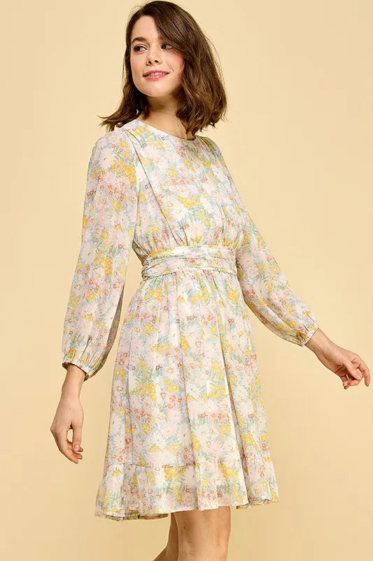 Chiffon Floral Print Belted Dress with Back Zipper - Blue Floral - product view 2