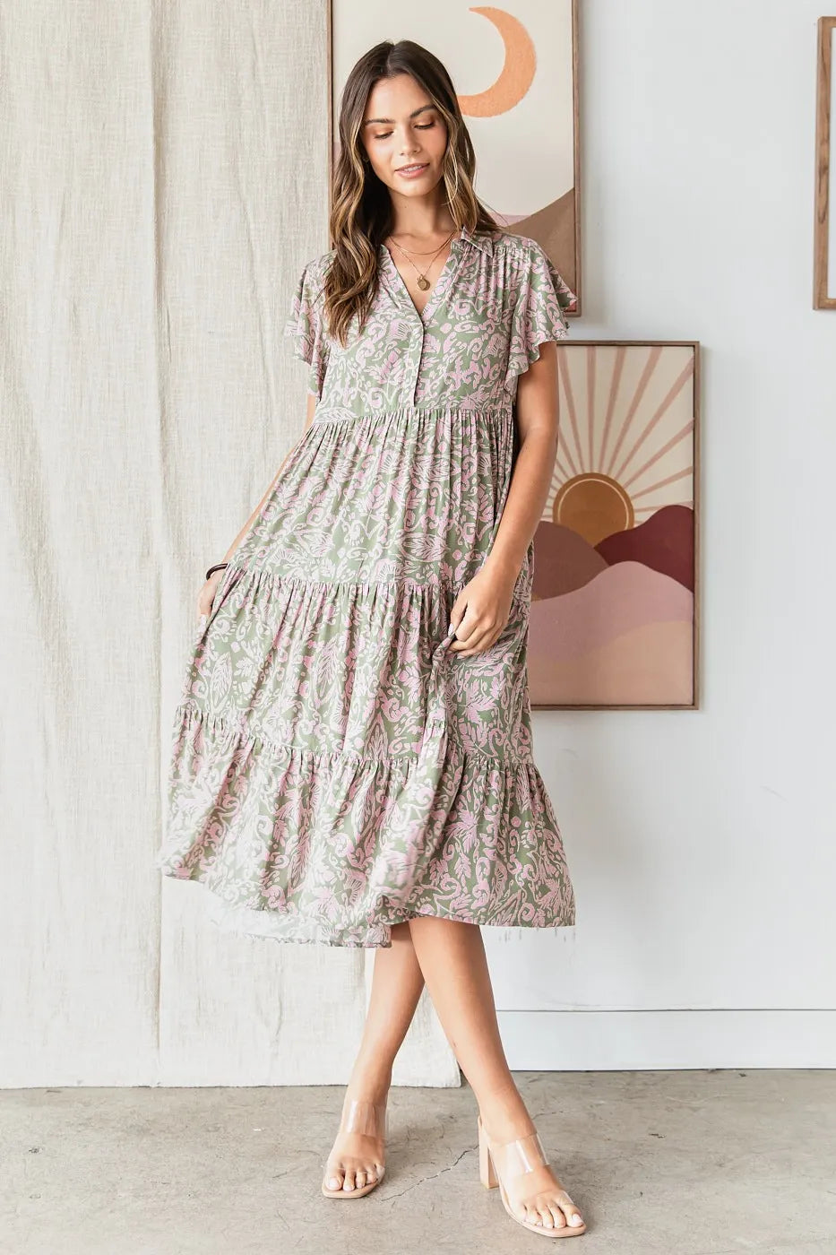 Abstract Print Ruffle Tier Midi Dress - Sage - product view 6