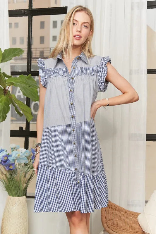 Button Down Textured Babydoll Dress in Blue - product view 8