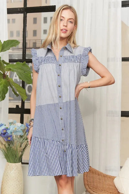 Button Down Textured Babydoll Dress in Blue - product view 8