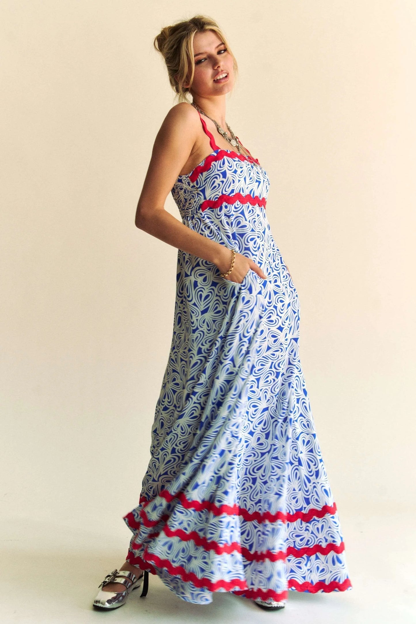 Geo 2 Tone Printed Wavi Trim Tiered Maxi Dress - Cobalt - product view 2