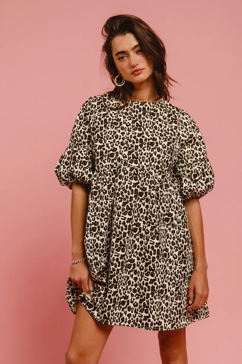 Leopard Denim Dress With Back Contrast Tie Detail in Off White Leopard - product view 9
