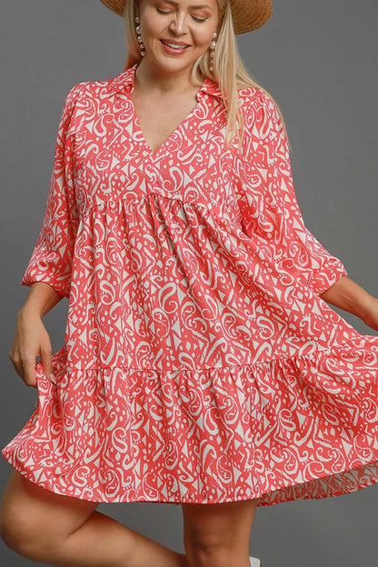 Full Size Two Tone Print Balloon Sleeve Tiered Dress Plus Size in Coral Mix - product view 4