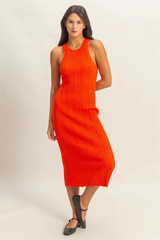 Round Neck Bodycon Ribbed Knit Dress - Tomato - product view 4