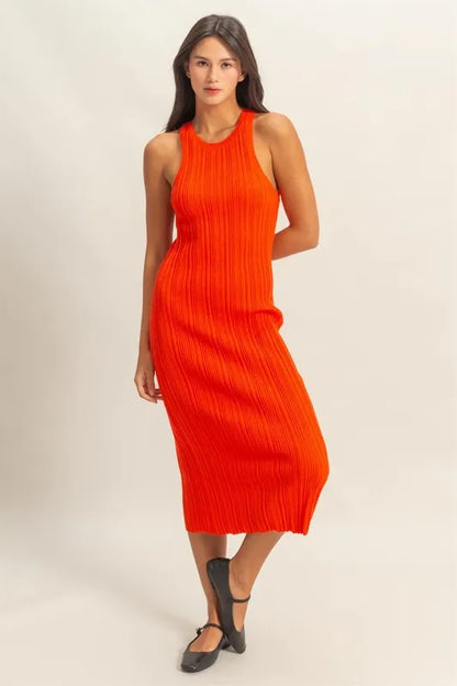 Round Neck Bodycon Ribbed Knit Dress - Tomato - product view 4