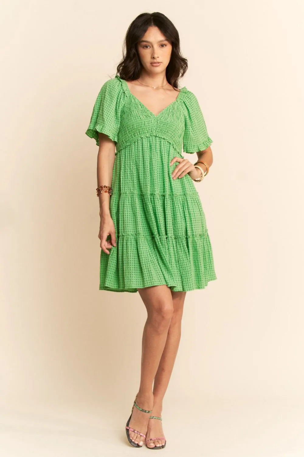 Jacquard Checker Smocking Tiered Dress - Ibiza Green - product view 9