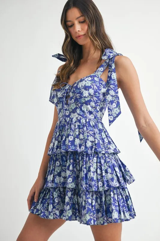 Floral Print Shoulder Tie Layered Mini Dress - Royal Blue - product view 9