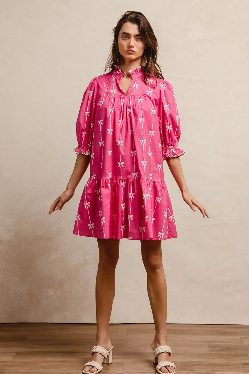 Ribbon Patterns With Scallops Edge Details Short Sleeve Dress in Fuchsia - product view 10