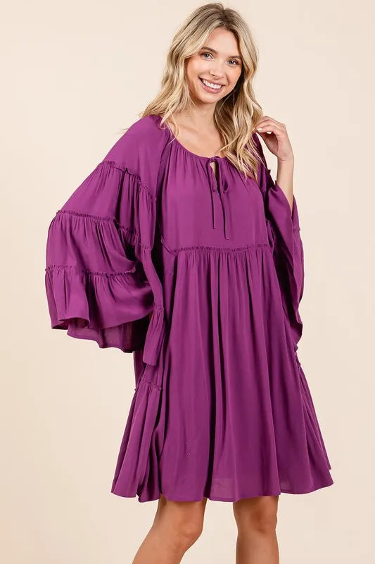 Frill Tie Neck Bell Sleeve Dress - Red-Violet - product view 1