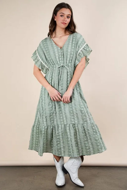 Embroidered Boho Ruffled Midi Dress - Sage - product view 4