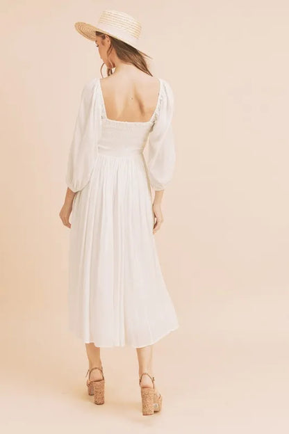 Ruffled Smocked Square Neck Balloon Sleeve Dress in White - product view 5
