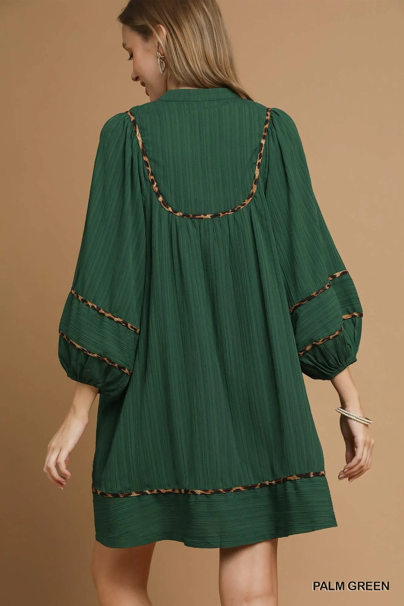 Textured Babydoll Dress with Leopard Trim - Palm Green - product view 4
