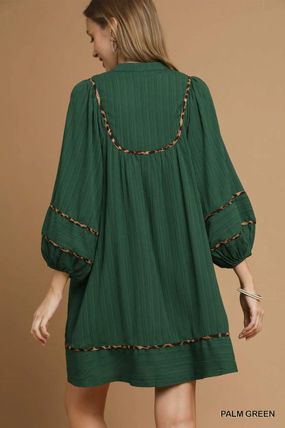 Textured Babydoll Dress with Leopard Trim - Palm Green - product view 4