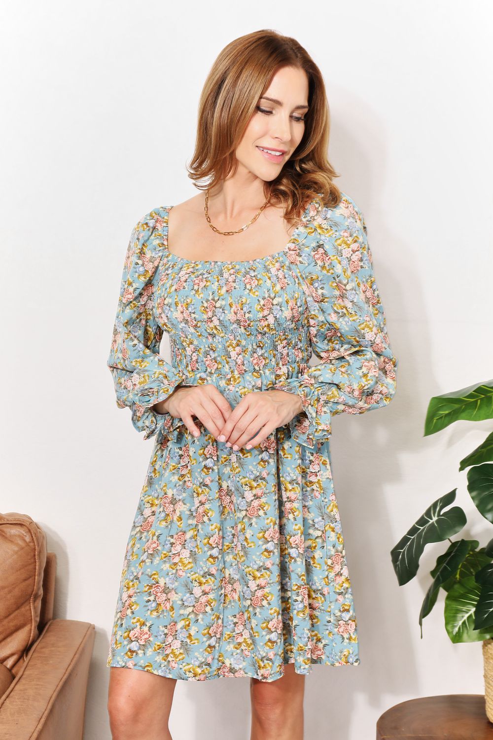Honey Floral Smocked Flounce Sleeve Square Neck Dress - product view 4