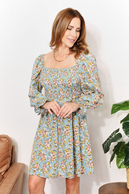 Honey Floral Smocked Flounce Sleeve Square Neck Dress - product view 4