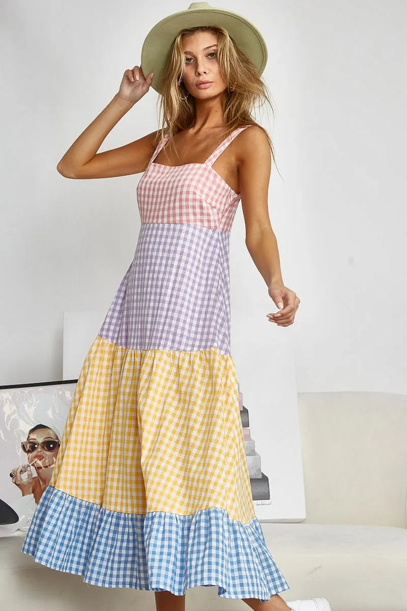 Color Block Tiered Gingham Dress in Yello/Sage/Blue/Purp - product view 1