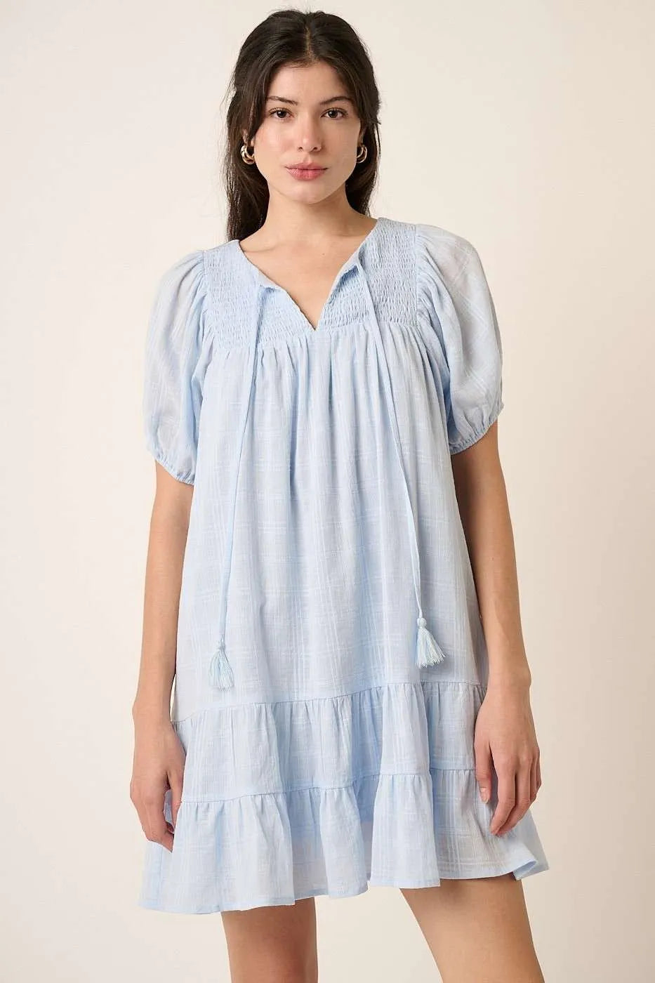 Tassel Tie Plaid Gauze Short Sleeve Mini Dress in Blue - product view 1