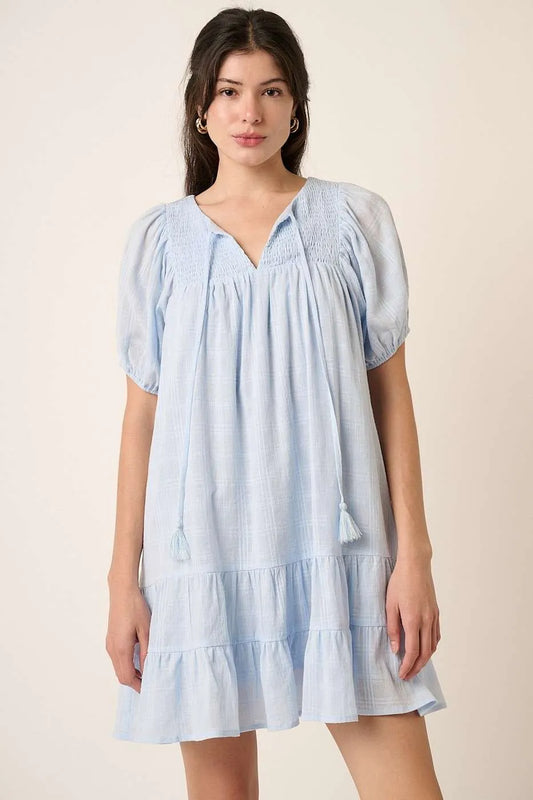 Tassel Tie Plaid Gauze Short Sleeve Mini Dress in Blue - product view 1
