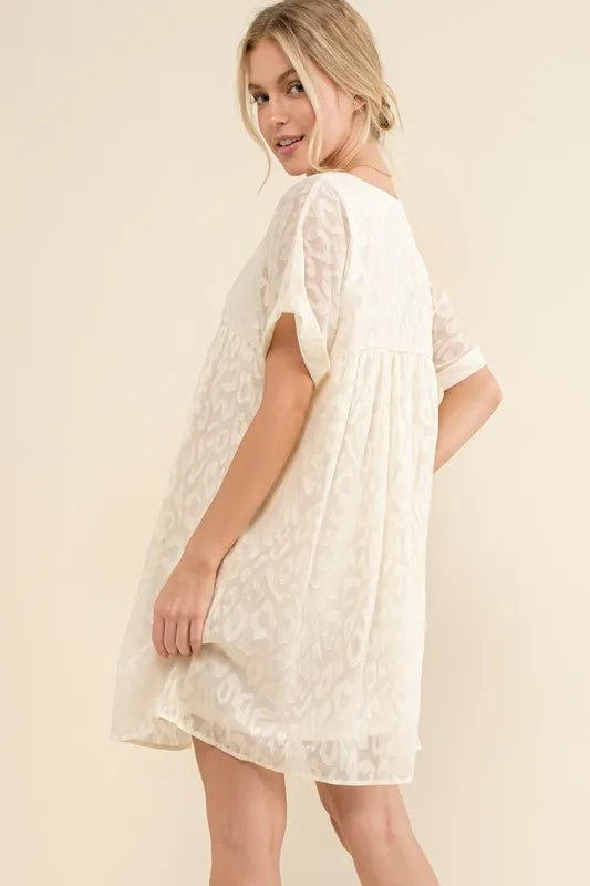 Woven Leopard Baby Doll Roll-Sleeve Casual Dress - White - product view 6