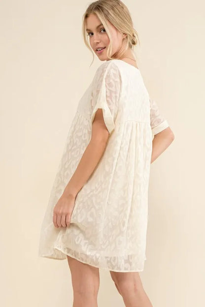 Woven Leopard Baby Doll Roll-Sleeve Casual Dress - White - product view 6