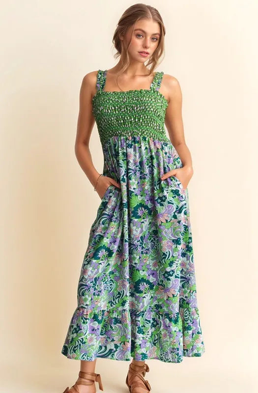 Multi Smocked Bodice Geo Ruffle Strappy Midi Dress - Hunter Green - product view 1