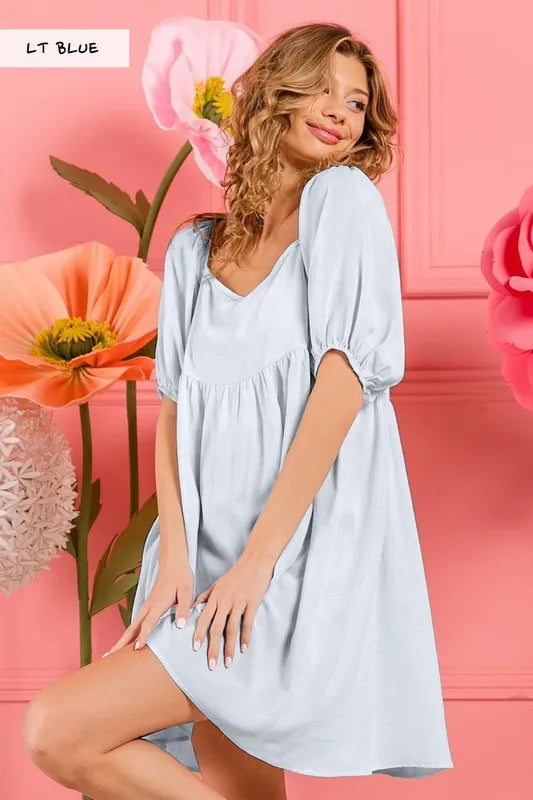 Washed Linen Tiered Midi Dress with Puff Sleeves - Lt Blue - product view 1