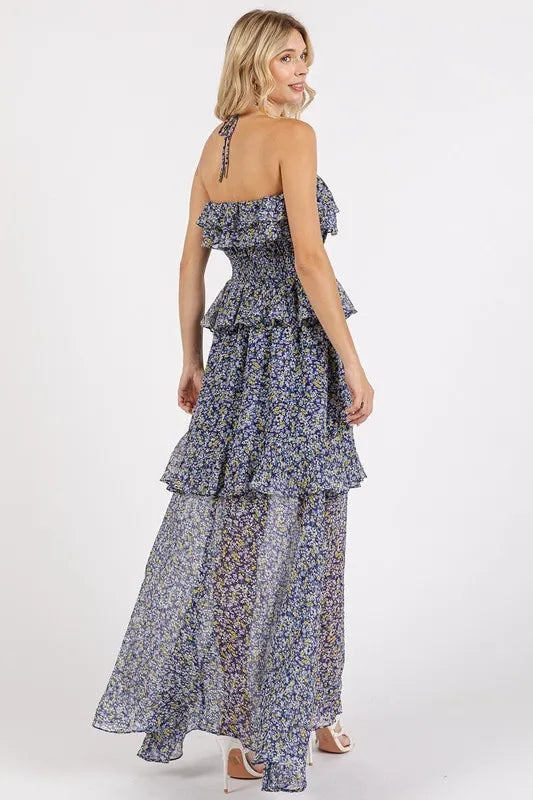 Ruffled Smocked Floral Halter Neck Maxi Dress - Dark Navy - product view 5