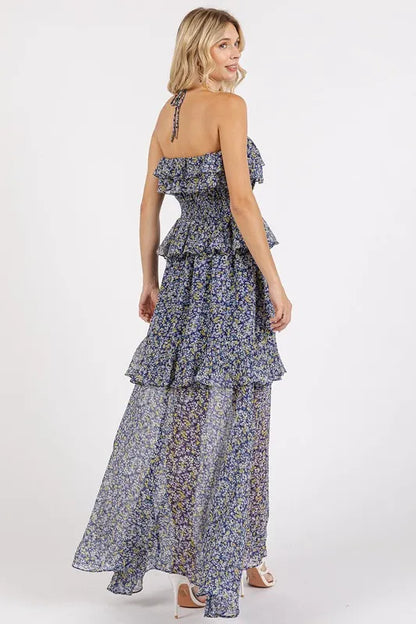 Ruffled Smocked Floral Halter Neck Maxi Dress - Dark Navy - product view 5