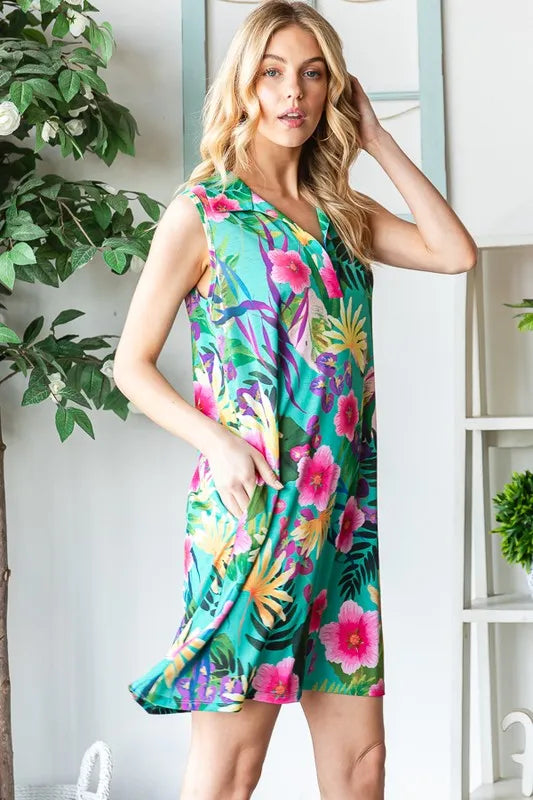 Full Size Floral Johnny Collar Sleeveless Dress Plus Size in Green - product view 7