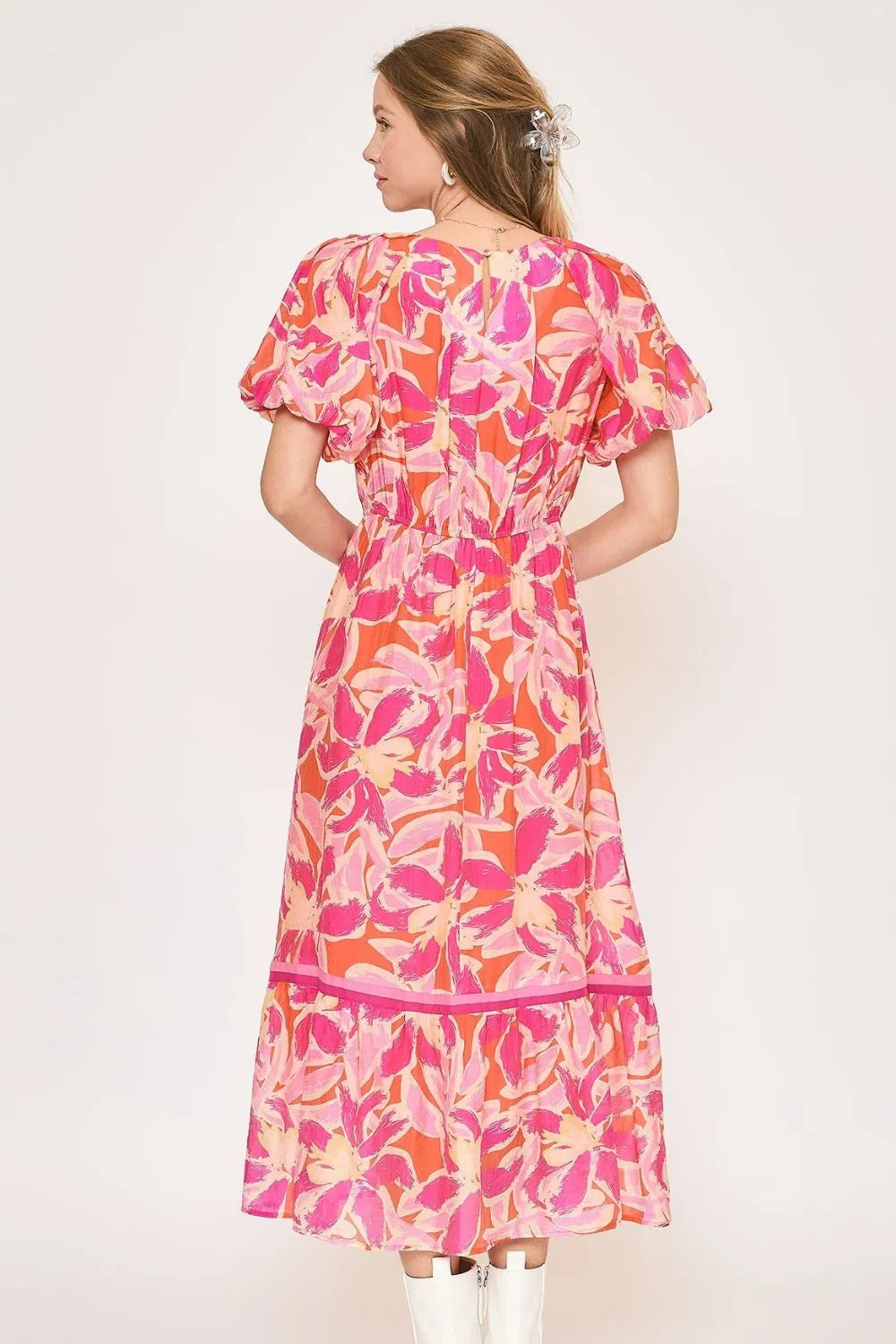 Floral Notched Puff Sleeve Midi Dress in Fuchsia Pink - product view 3