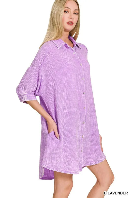 Washed Double Gauze Button Down Shirt Dress - B Lavender - product view 2
