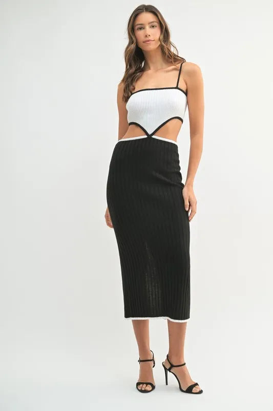 Ribbed Knit Color Block Cutout Midi Dress - Black - product view 3