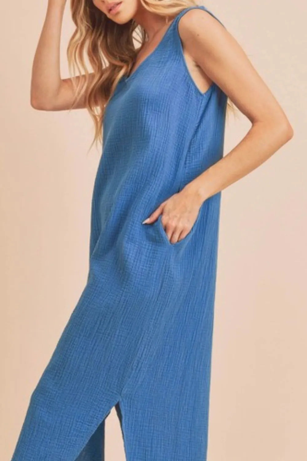 Round Neck Midi Tank Dress with Pockets - Peacock Blue - product view 3