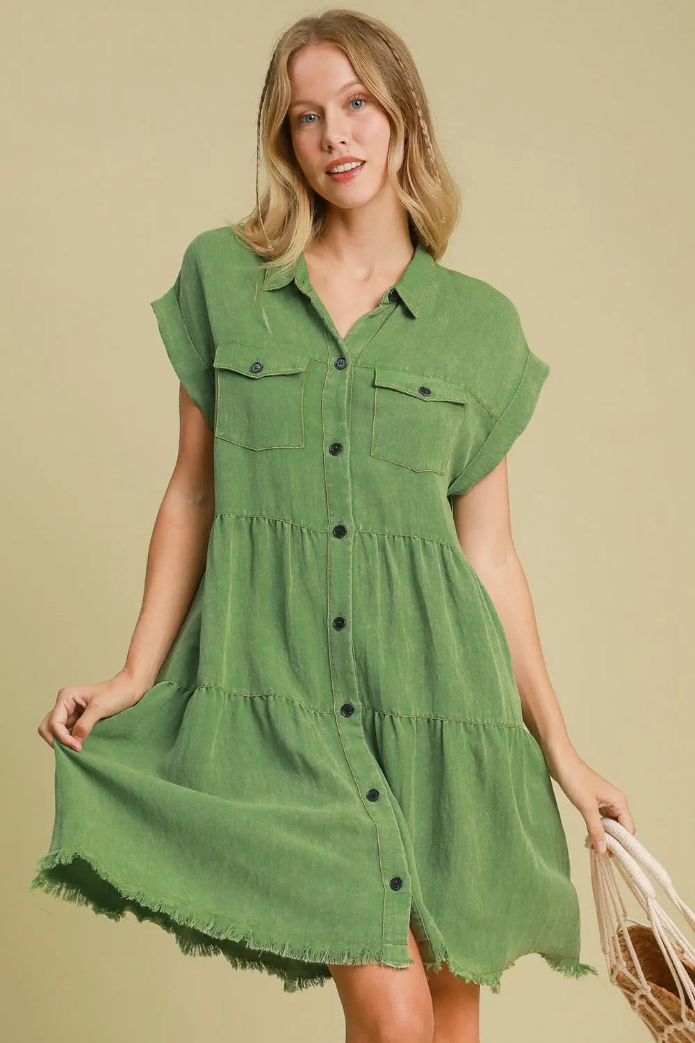 Full Size Frayed Hemline Button Down Shirt Dress Plus Size in Green - product view 1