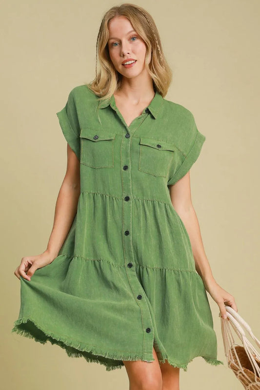Full Size Frayed Hemline Button Down Shirt Dress Plus Size in Green - product view 1