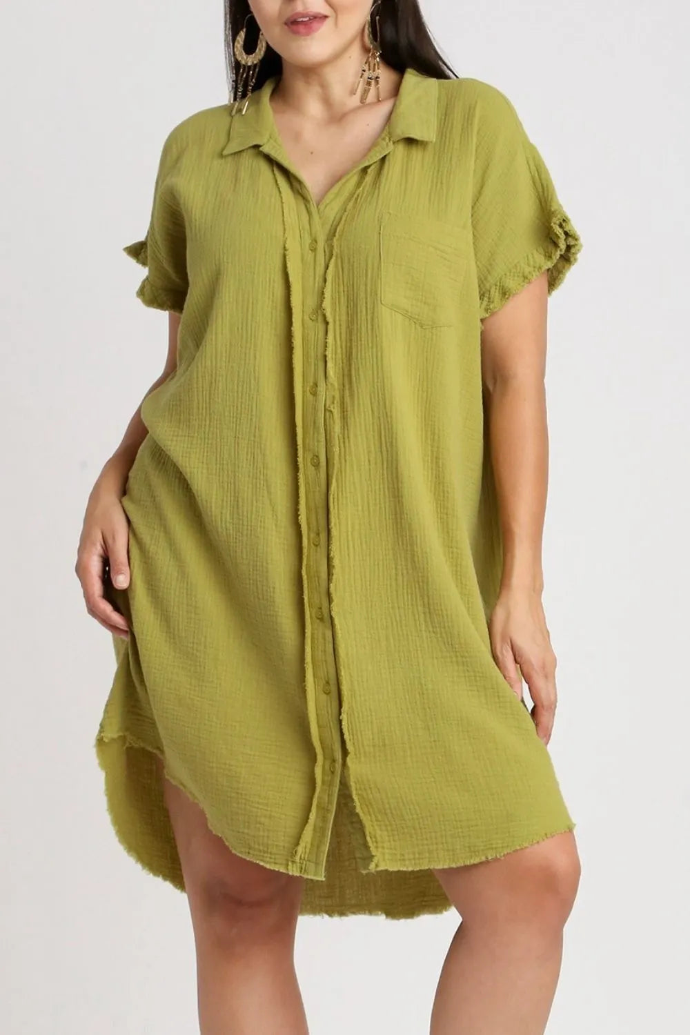 Full Size Raw Hem Button Down Short Sleeve Gauze Shirt Dress Plus Size in Yellow-Green - product view 3