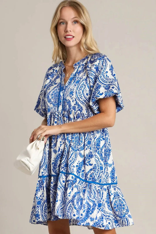 Full Size Printed Notched Puff Sleeve Mini Dress Plus Size - Royal Blue - product view 1