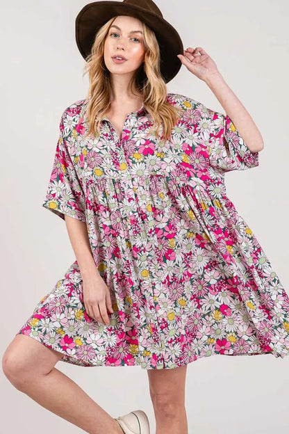 Floral Button Down Mini Shirt Dress in Multi - product view 1