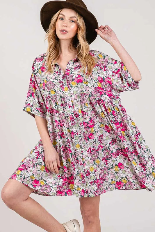 Floral Button Down Mini Shirt Dress in Multi - product view 1