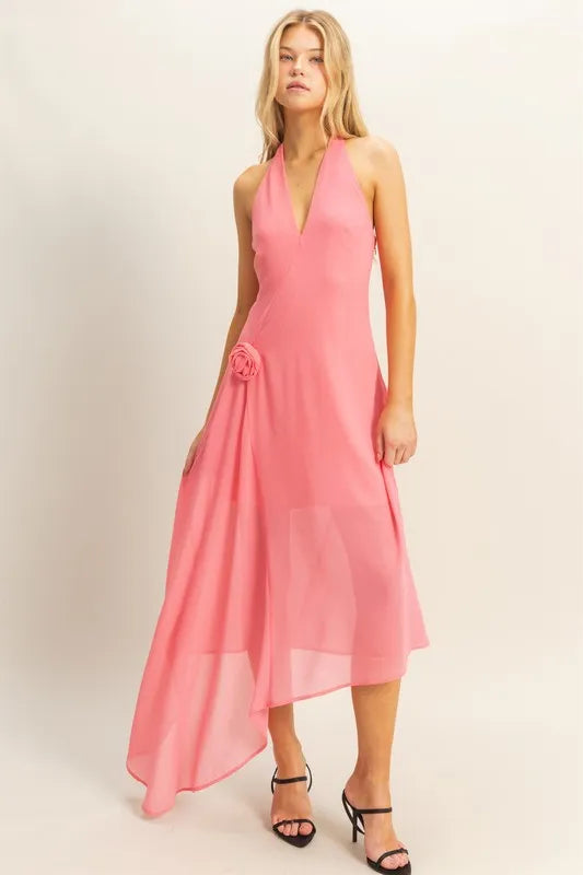 Chiffon Halter Asymmetrical Hem Dress - Rose - product view 4