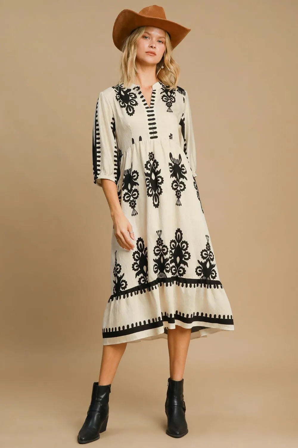 Printed Notched Midi Dress in Cream - product view 2