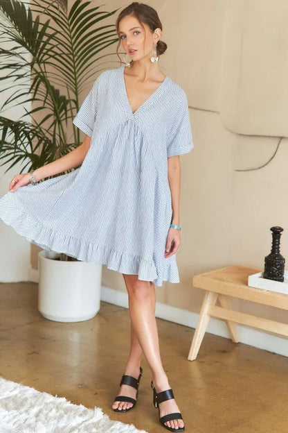 Ruffled Hem Striped V-Neck Babydoll Dress in Light Blue - product view 5