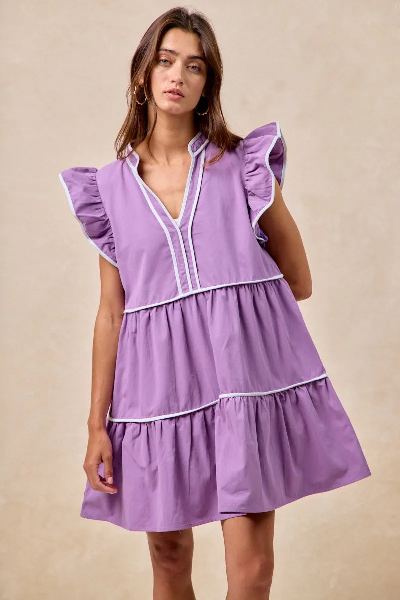 Gameday Theme Contrast Binding Ruffled Dress - Purple - product view 6