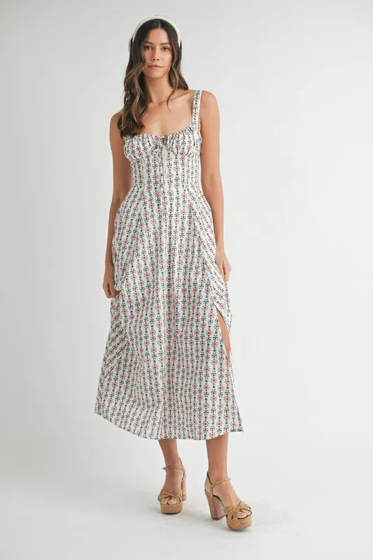 Floral Print Bustier Back Lace Up Midi Dress - Cream - product view 1