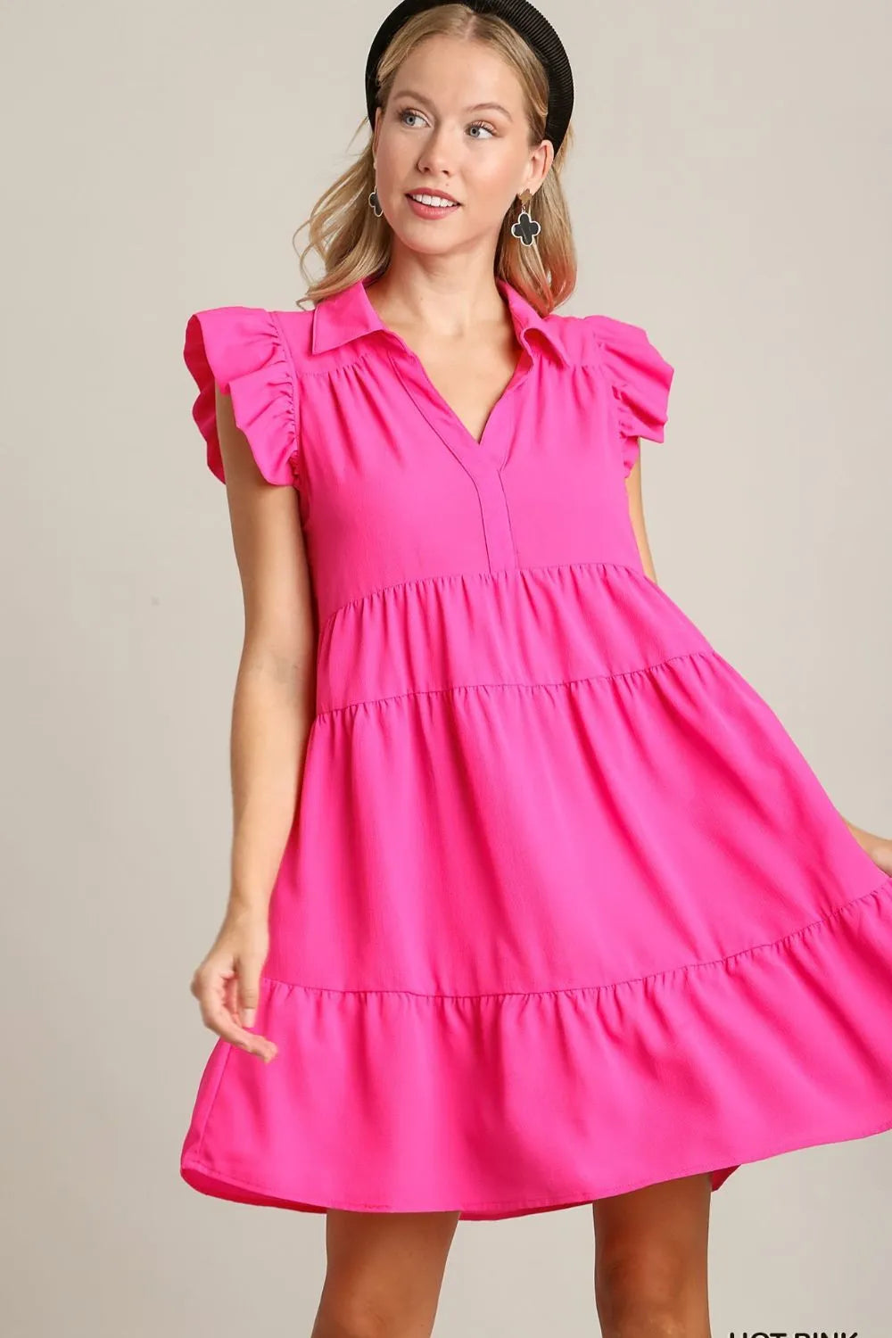 Full Size Johnny Collar Ruffle Cap Sleeve Tiered Dress Plus Size - Hot Pink - Umgee USA - Style 41744 - product view 1