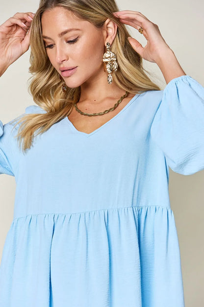 Full Size V-Neck Balloon Sleeve Tiered Dress with Pockets in Light Green, Pink and more - product view 30
