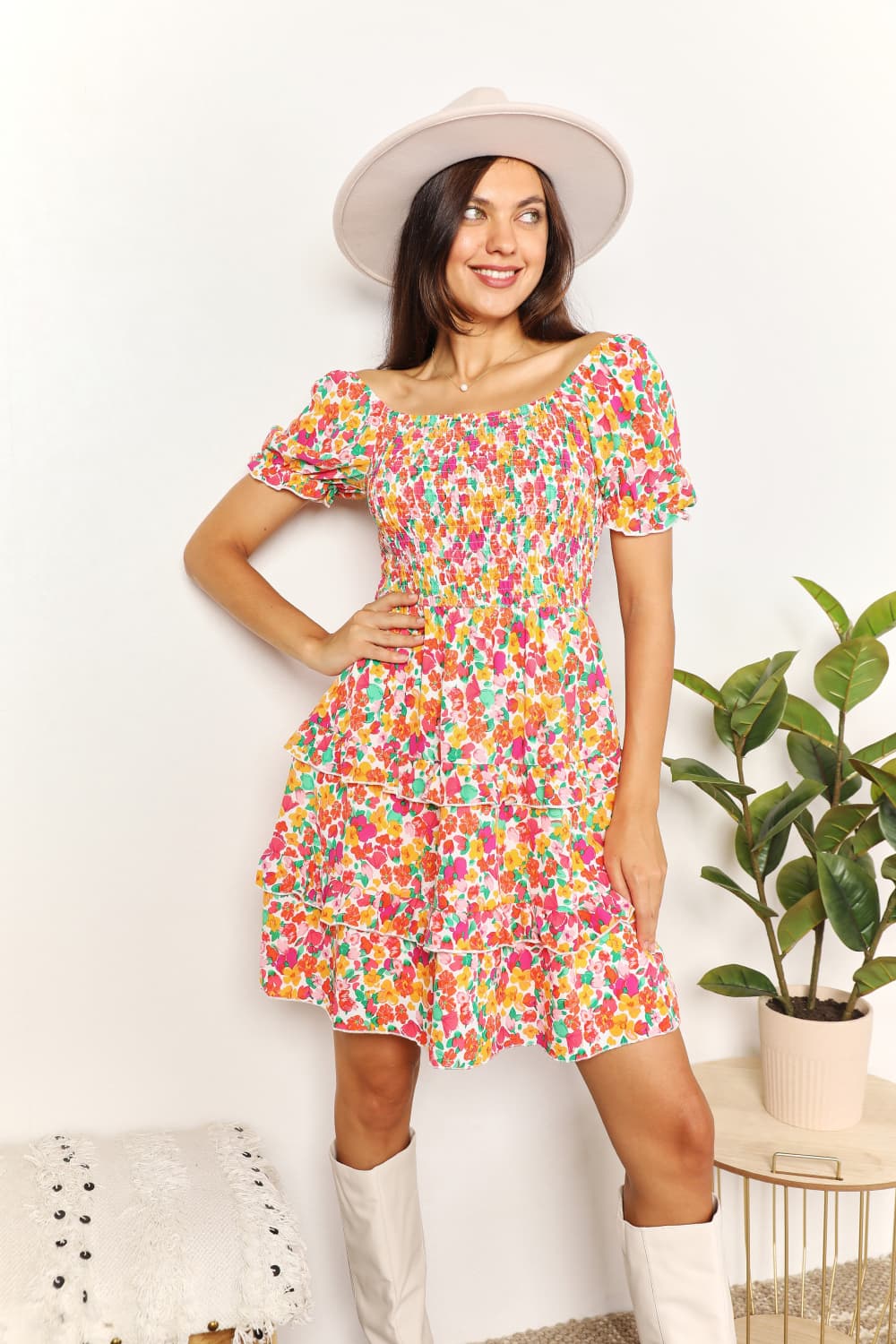 Smocked Sweetheart Neck Flounce Sleeve Mini Dress in Strawberry - product view 3