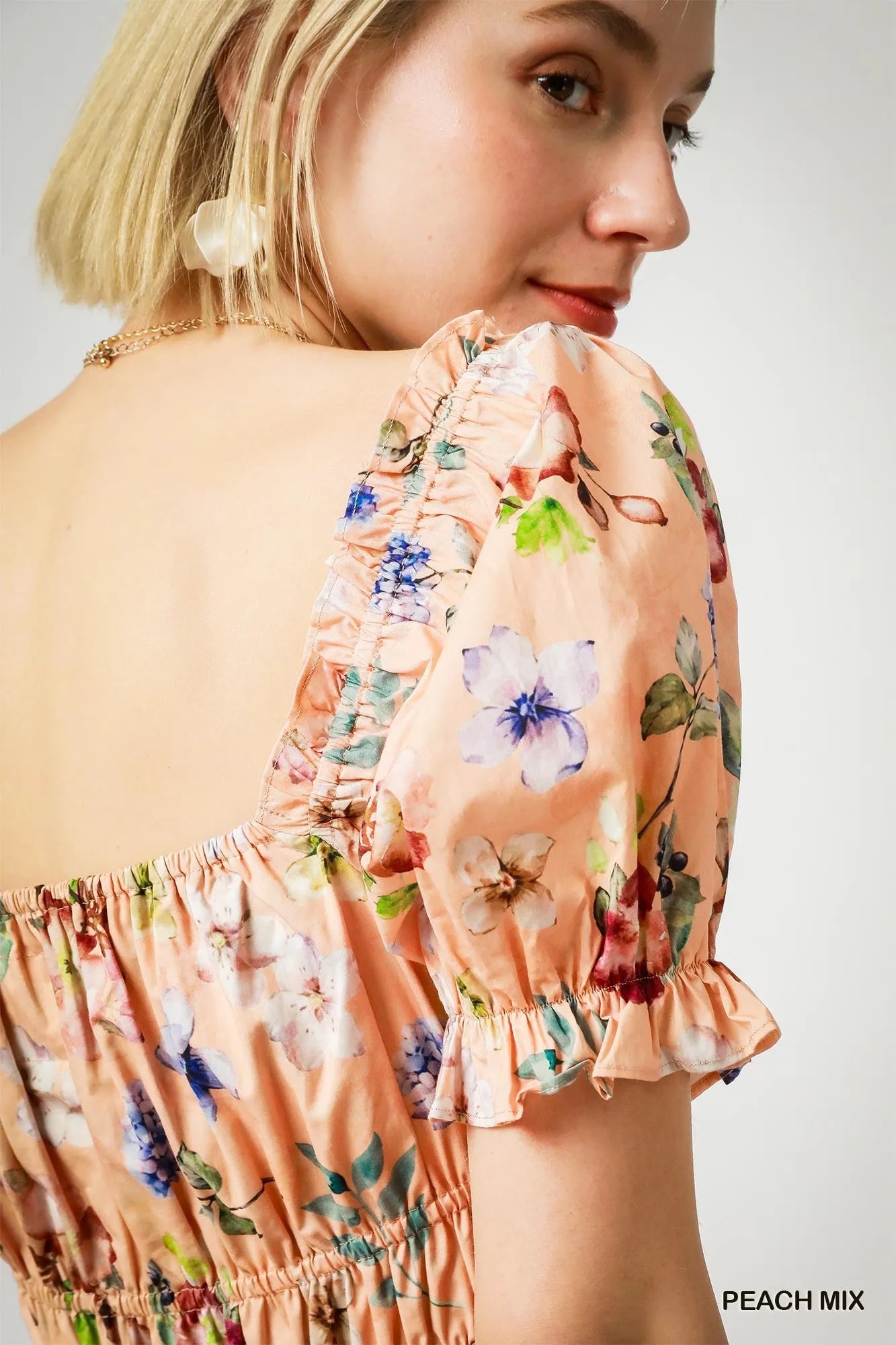 Floral Print Puff Sleeve Mini Dress - Peach Mix - product view 5