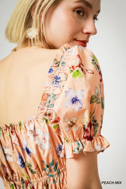 Floral Print Puff Sleeve Mini Dress - Peach Mix - product view 5