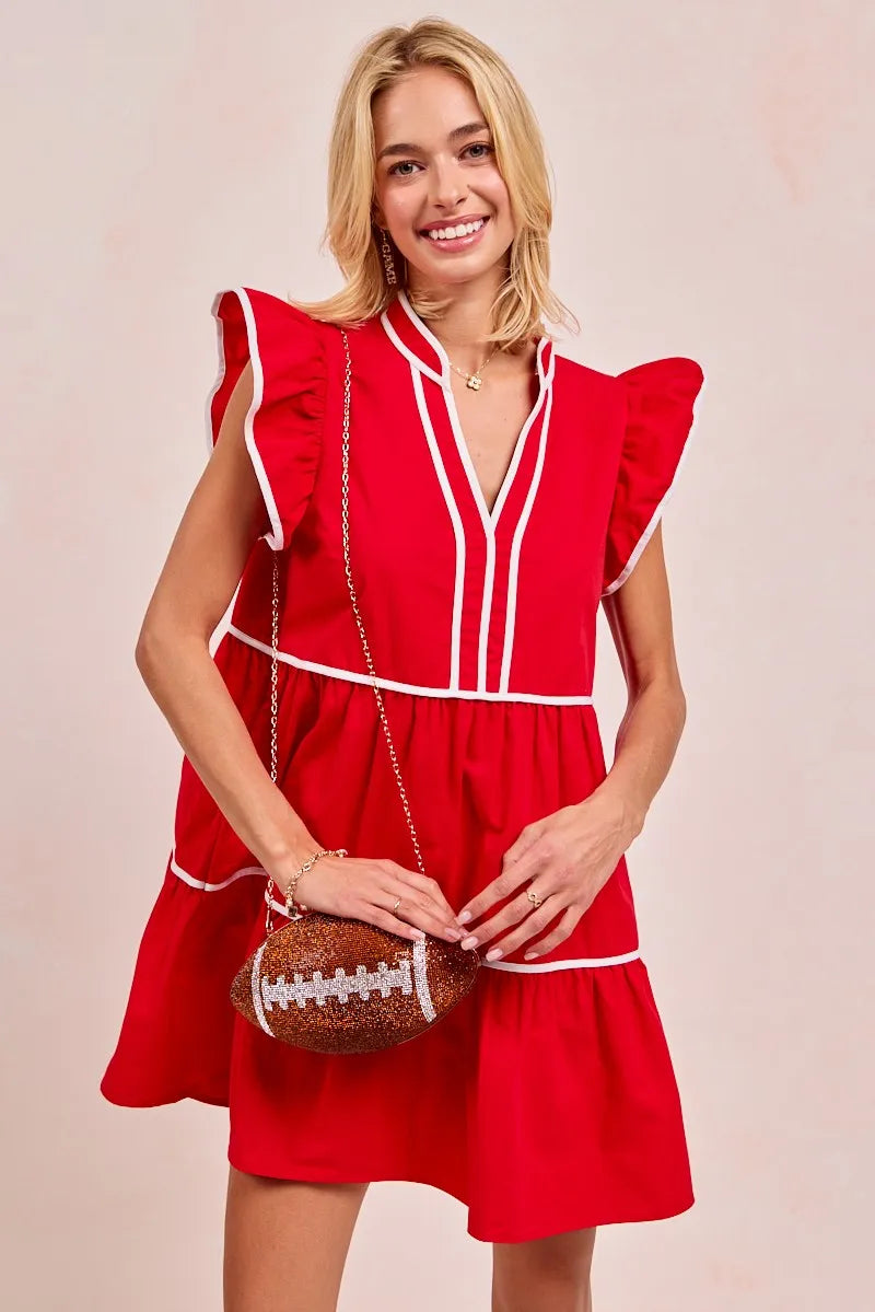 Gameday Theme Contrast Binding Ruffled Dress - Red - product view 11
